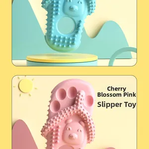 Detail of slipper-shaped dog chew toy with massage nubs in pink and blue colors