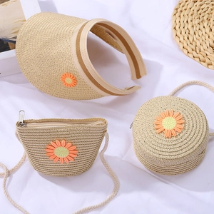 Kids straw sun hat and crossbody bag set with embroidered daisy flowers for summer