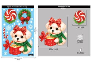 Detailed size layout of Christmas static window stickers with puppy and wreath patterns