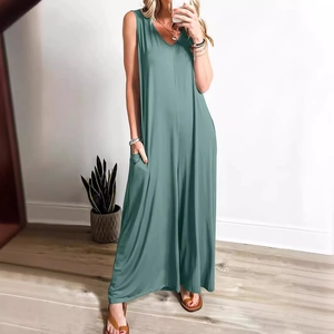Chic sleeveless wide-leg summer jumpsuit in sage green with V-neck and handy side pockets