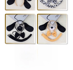 Three-piece dog costume set with animal ear headband, bow tie, and tail in various colors