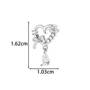 Silver bow and heart stud earring with a crystal teardrop pendant and gemstone accents