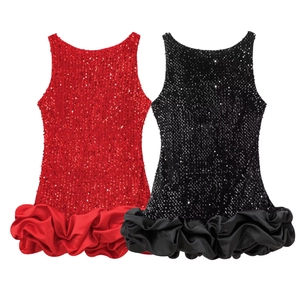 Robe Mini Sans Manches À Paillettes Avec Ourlet Boule En Satin Dos Nu Soirée Cocktail Élégante Pour Femmes