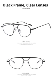 Detail view of thin black metal aviator frames with clear lenses from front and side