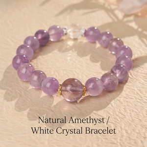 Detailed macro of natural purple amethyst and clear crystal beads with golden spacers