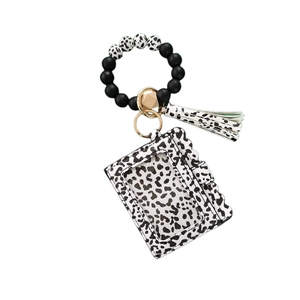 Silicone bead keychain bracelet with leopard print card holder and wooden accents