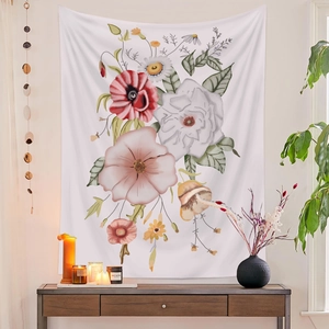 Detailed close-up of floral tapestry with poppy and rose patterns in a home setting