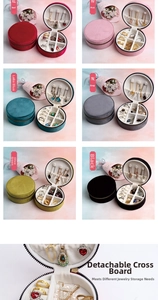 Detail view of round velvet jewelry box with zipper and removable divider partitions