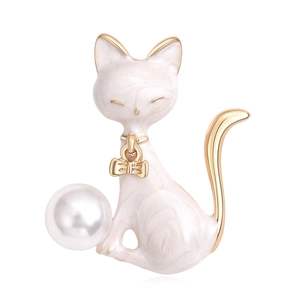 Cute Cat Brooch Pin Alloy Enamel Drip Oil With Faux Artificial Pearl Gold Bow Animal Sitting Kitty Jewelry For Women Fashion Novelty