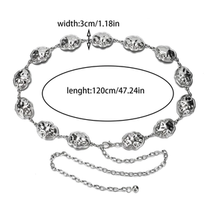 Women Silver Metal Chain Belt Adjustable Irregular Hammered Wave Plates Waist Chain For Dresses Elegant Fashionable