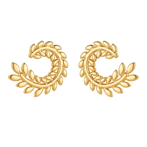 Elegant gold wheat leaf earrings in stainless steel with a polished C-shaped design