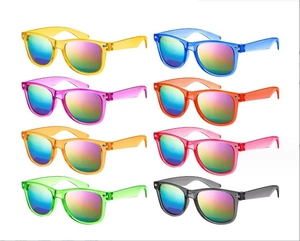 Grid view of kids colorful sunglasses with mirrored lenses in eight vibrant neon shades
