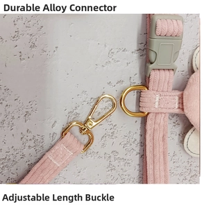 Detail of pink corduroy dog leash with sturdy gold alloy buckle and adjustable tri-glide