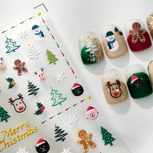 Christmas themed nail stickers featuring snowman, reindeer, and gingerbread man patterns