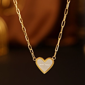 Heart Pendant Necklace Never Forget Engraved 14K Gold Plated Stainless Steel Paperclip Chain INS Style Jewelry For Women