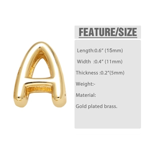 Detailed dimensions of gold plated brass letter A pendant with 0.6 inch length and width