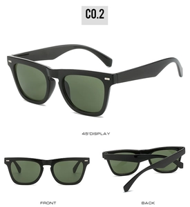 Three views of retro rivet sunglasses showing 45-degree angle, front and back frame details