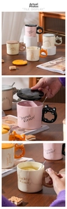 Close-up of creative ceramic cat mug set with wave texture and cute 3D kitten handle