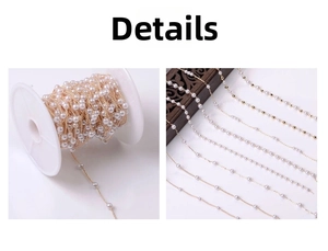 Detail of DIY jewelry pearl chain with gold finish copper wire and white faux pearls