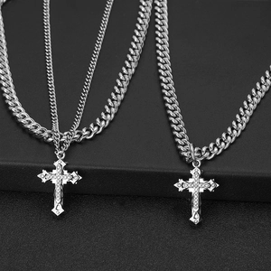 Double-layered silver stainless steel cross pendant necklace with sparkling zircon stones