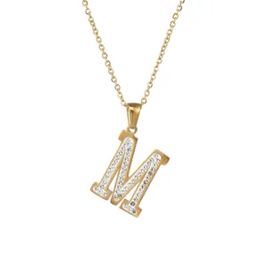18k gold plated stainless steel M letter pendant necklace with sparkling pavé zircons