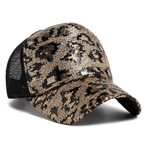 Women's summer baseball cap featuring leopard print sequins and breathable black mesh back
