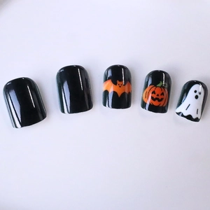 Halloween press-on nails set with orange pumpkin, bat, and white ghost on black square tips