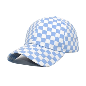 Close-up of a blue and white checkered cotton baseball cap with a classic curved brim