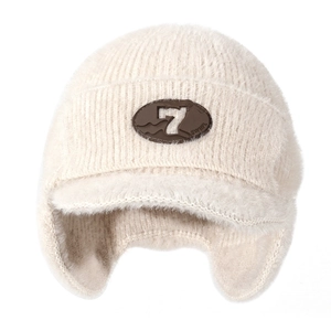 Winter plush ear protection knit hat in cream white with a premium leather patch detail