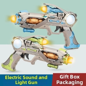 Detail of sci-fi toy guns with LED light and sound effects in gift box packaging