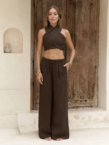 Women's 2-piece dark brown linen set with halter crop top and wide-leg trousers