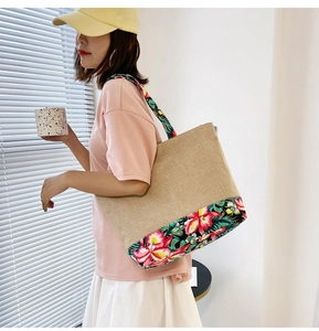 Ethnic patchwork cotton linen tote bag showing side view on model in natural light