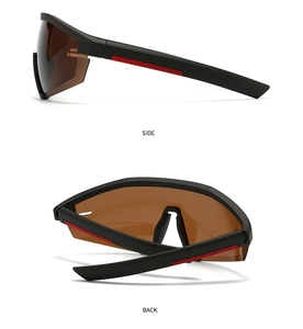 Side and back view of oversized sport sunglasses with matte black frame and red stripe