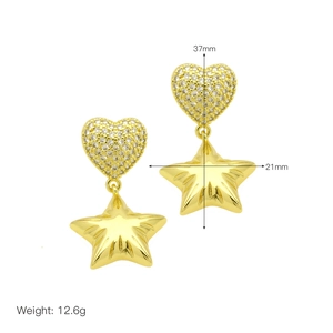 Detail showing dimensions of gold heart and star earrings, 37mm length and 12.6g weight