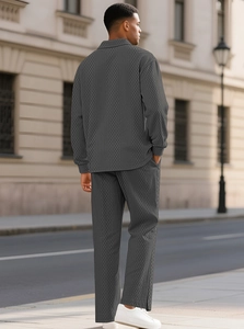 Detailed back view of men's dark gray lounge set featuring textured waffle knit fabric