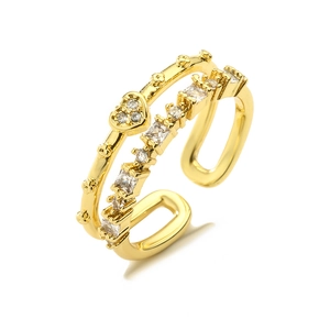 Gold plated double layer ring with heart pattern and cubic zirconia stones