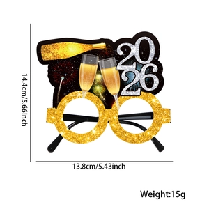 Detailed dimensions of 2026 New Year gold glitter party glasses with champagne bottle design