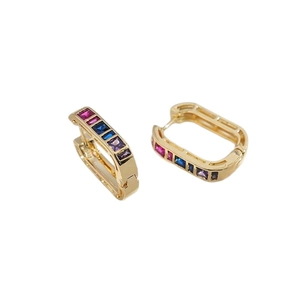 Luxury gold-plated brass rectangular hoop earrings with colorful zircon gemstones