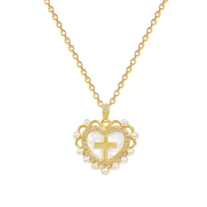 Goldene Herz-Halskette mit Kreuz, Perlen und Zirkonia an einer Edelstahlkette