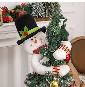 Detailed view of a cute snowman tree topper decoration wrapping around a Christmas tree