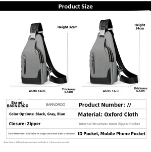 Detailed dimension guide for large capacity Oxford cloth chest bag showing size options