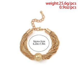 Detail view of gold multilayer chain bracelet with round bead and dimension measurements