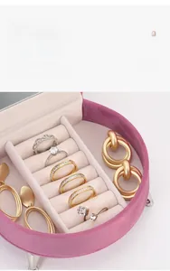 Macro view of velvet jewelry box featuring multiple ring slots and earring storage