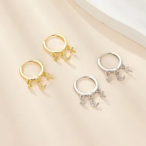 925 Sterling Silver Hoop Earrings For Women With Star Moon Cross Rhinestone Pendants Fashion Gold Silver Dangle Jewelry