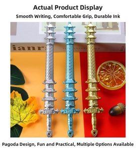 Detailed close-up of creative pagoda-shaped pens in gold, silver, and blue metallic finishes