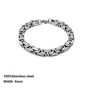 Detailed view of 6mm wide Byzantine stainless steel chain bracelet with lobster clasp