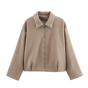 Veste Courte Femme Texture Laine Fermeture Éclair Col Rabattu Couleur Unie Manches Longues Manteau Décontracté