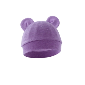 Detailed close-up of purple baby beanie featuring cute bear ear designs and soft knit texture