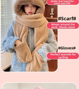 Detailed texture of thick camel plush 3-in-1 hooded scarf with integrated gloves