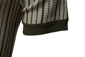 Detailed close-up of the ribbed cuff and knit texture on a striped men's polo shirt